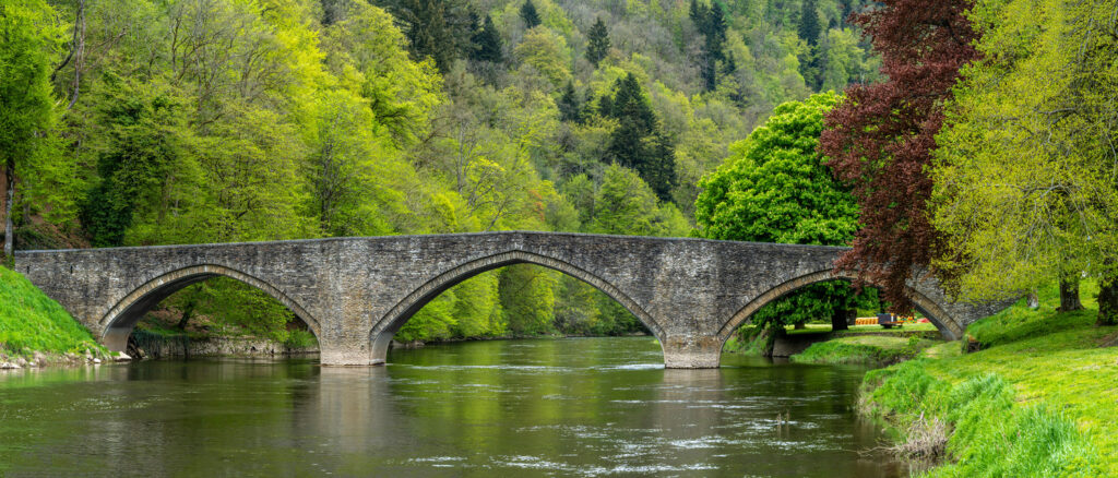 Hängebrücke La passerelle du Moulin de l'Épine: Elegante, moderne 55 Meter lange Hängebrücke über die Semois, mit dichten Wäldern und klarem Wasser im Hintergrund.