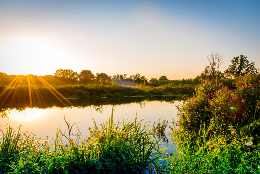 Radeaux sur la Regge, eau calme et ciel bleu.